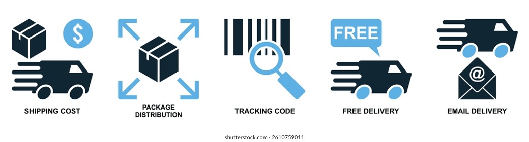 Set of delivery icon vector. Collection symbol for shipping, courier, transport, logistics, cargo. Ideal for app, website, infographic, and service design. Simple vector illustration.