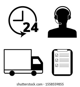 Set of delivery icons: 24 hours, dispatcher, truck, invoice and documents, isolated on white background. Vector stock illustration.