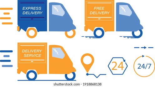 Set of delivery icons. Express delivery, delivery service, free delivery, 24 hours, icon 24 hours, truck. Vector illustration