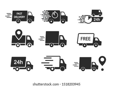 Set of delivery icons. Fast delivery, free delivery, 24 hours, truck.