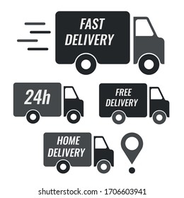 Set of delivery icons. Fast delivery, free delivery, 24 hours, truck. Vector illustration