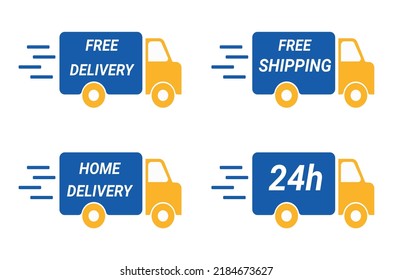 Set of delivery icons. Fast delivery, free delivery, 24 hours, truck. Vector illustration