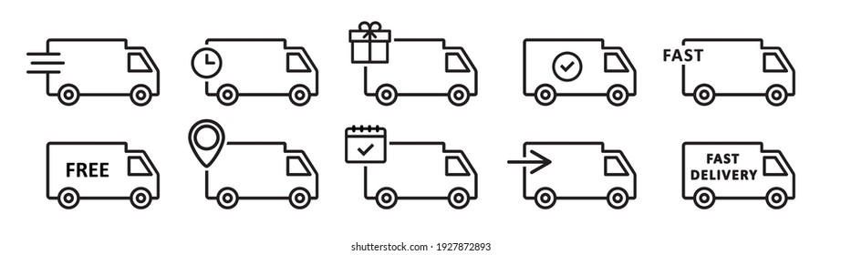 Set of delivery icons, truck. Express delivery trucks. Transport icon set. Fast delivery, free delivery. Vector illustration.