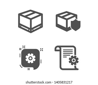 Set of Delivery insurance, Delivery box and Cogwheel icons. Technical documentation sign. Parcel protection, Cargo package, Engineering. Manual.  Classic design delivery insurance icon. Flat design
