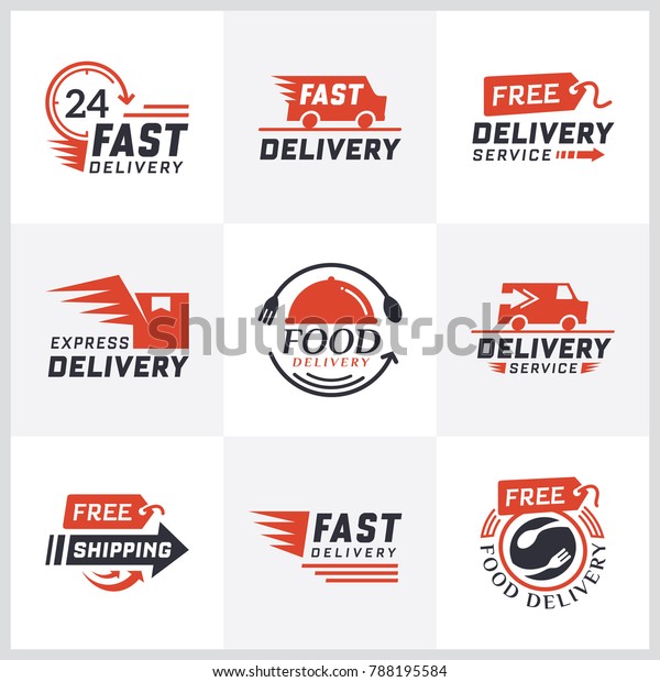 Set of delivery labels for online shopping.
Worldwide shipping, Delivery signs and logo. Signs and labels free
delivery. Fast delivering text sign. Shipping icons. Food delivery
design
