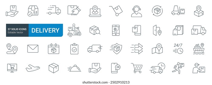 Conjunto de iconos de línea de entrega Vector. Contiene íconos como entrega, logística, envío, suministro y más.