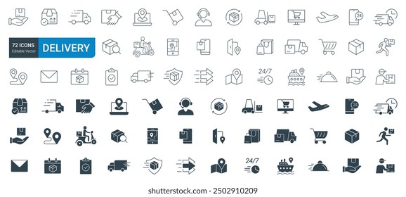  Set of Delivery Line and solid Icons vector. Contains such Icons as Delivery, Logistics, Shipping, Supply, and more.