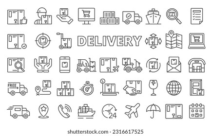 Set von Delivery Logistic System Icons in Line Design. Lieferung, Logistik, Versand, Lager, LKW, Paket, Route, Tracking, Supply Chain Vektorgrafiken. Symbole einzeln auf hellem Hintergrund