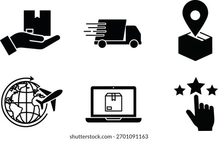 Set of delivery and logistics icons with box truck globe laptop stars.