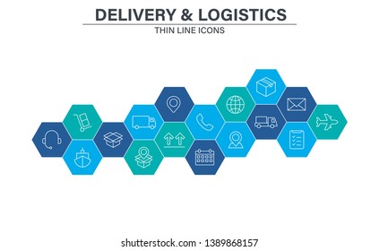 Set of Delivery and logistics icons in line style. Courier, shipping, express delivery, tracking order, support, business. Vector illustration