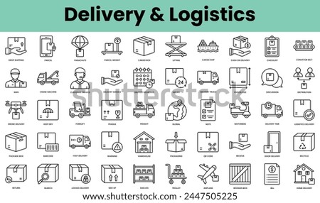 Set of delivery and logistics icons. Linear style icon bundle. Vector Illustration