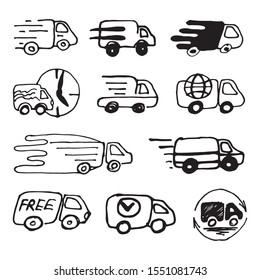 Set with delivery machines drawn by hand. Fast shipping worldwide. Vector illustration for design and web isolated on white background.