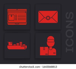 Set Delivery man mit Kartonboxen , Laptop mit App-Lieferverfolgung , Umschlag und Frachtschiff mit Box-Lieferservice Symbol. Vektorillustration
