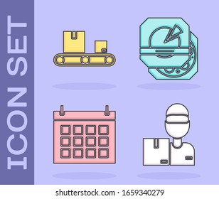 Set Delivery man with cardboard boxes , Conveyor belt with cardboard box , Calendar  and Pizza in cardboard box  icon. Vector