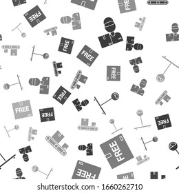 Set Delivery man with cardboard boxes , Cardboard box with free symbol , Scale  and Conveyor belt with cardboard box  on seamless pattern. Vector