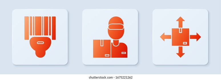 Establecer el manual de entrega con cajas de cartón , el código de barras de escaneo del escáner y la caja de cartón con el símbolo de tráfico. Botón cuadrado blanco. Vector