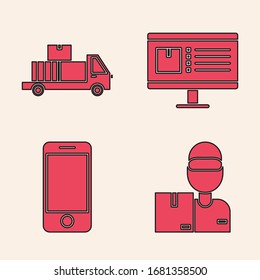 Establecer el hombre de entrega con cajas de cartón , coche de entrega con cajas de cartón, Monitor de ordenador con seguimiento de entrega de aplicaciones y Teléfono móvil con icono de seguimiento de entrega de aplicaciones. Vector
