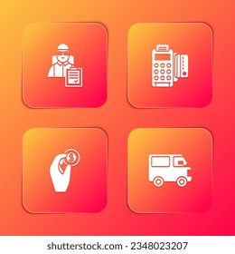 Set Delivery man with cardboard boxes, POS terminal credit, Hand holding coin money and cargo truck vehicle icon. Vector
