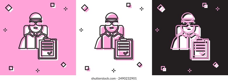 Set Delivery man with cardboard boxes icon isolated on pink and white, black background. Door to door delivery by courier.  Vector Illustration