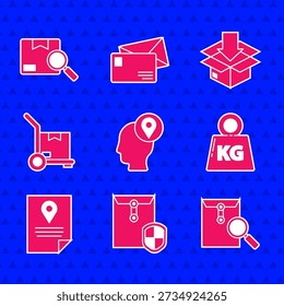 Set Delivery man with cardboard boxes, Envelope shield, magnifying glass, Weight, Document tracking marker system, Hand truck and, Cardboard traffic symbol and Search package icon. Vector