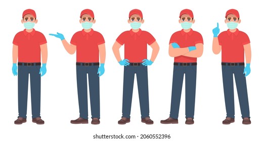 Juego de personajes de la entrega de diferentes poses y gestos diferentes. Grupo de mensajeros que usan mascarilla médica y guantes. Concepto de estilo de vida de seguridad para los niños. Ilustración de dibujos animados al estilo vectorial.