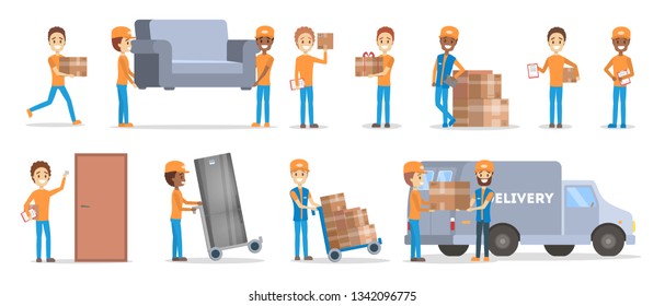 Set of delivery man. Collection of courier in uniform holding box. Character in a cap. Delivery service. Vector illustration in cartoon style