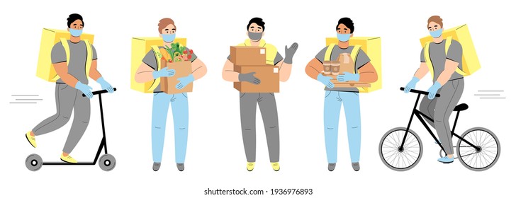 Set of delivery man in masks riding bicycle or scooter to deliver food or packages in time. Delivery and courier service concept, quarantine, stay home. Vector illustration