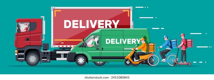 Set of delivery man on van truck, scooter, motorbike, bicycle. Fast and free delivery in city. Male courier with parcel box with goods products, food. Cargo, logistic. Cartoon flat vector illustration