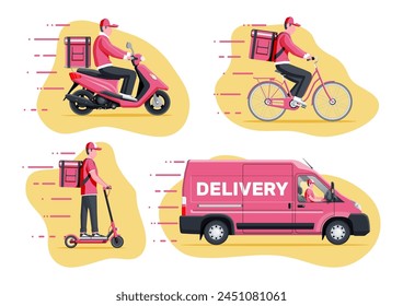 Juego de repartidor en camioneta, scooter, moto, bicicleta. Entrega rápida y gratuita en la ciudad. Mensajero masculino con caja de paquetes con productos de mercancías y alimentos. Carga y logística. Ilustración vectorial plana de dibujos animados