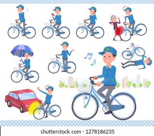 A set of Delivery man riding a city cycle.There are actions on manners and troubles.It's vector art so it's easy to edit.