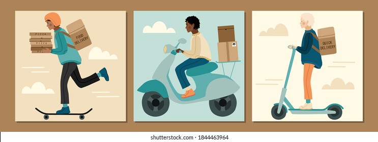 Set of delivery man riding scooter, skateboard, bicycle, moped. Hand drawn illustration in modern, trendy colors. Delivery servise concept, vector illustration.