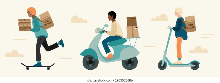 Set of delivery man riding scooter, skateboard, bicycle, moped. Hand drawn illustration in modern, trendy colors. Delivery servise concept.