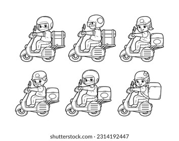 Set of the delivery man with scooter character outline sketch hand-drawn illustration