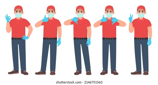 Set of delivery man standing with various poses. Group of courier boy gesturing okay, thumbs up and down, victory or peace sign. Person wearing medical face mask and gloves. Vector illustration.