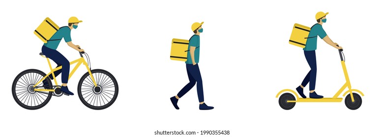 Set Delivery Man Wearing Mask, vector image, online delivery service concept, online order tracking, delivery home and office, scooter and bicycle courier, сourier delivering food.