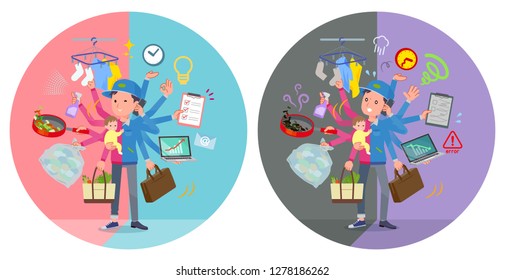 A set of Delivery man who perform multitasking in offices and private.There are things to do smoothly and a pattern that is in a panic.It's vector art so it's easy to edit.