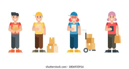 Set of delivery man and woman characters. Modern cartoon man and woman characters in flat style. Vector illustration.