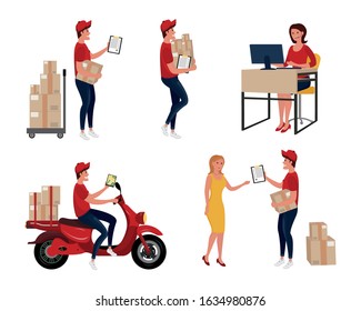 Set of delivery man and woman in uniform holding boxes and documents in different poses.