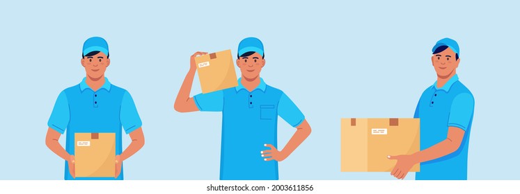 Set of Delivery men with carton box in hands. Courier in cap with parcel. Vector illustration