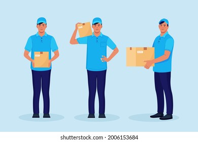 Juego de vectores con caja de cartón en las manos. Courier en la gorra con parcela. Ilustración del vector