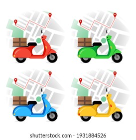 Set of delivery motorbike on a map. Online order tracking, delivery home and office. Shipping