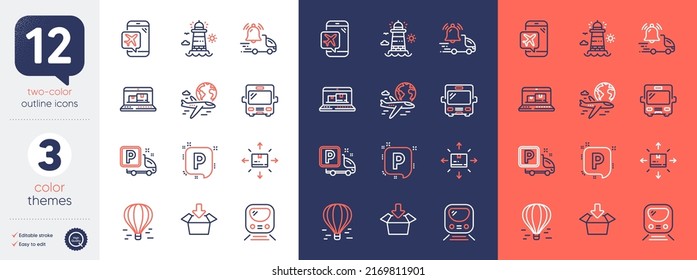 Set of Delivery notification, Get box and Metro line icons. Include Air balloon, Parking, Bus icons. Flight mode, Lighthouse, International flight web elements. Cardboard box. Vector