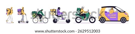 Set of delivery on different transport. Delivers drive on bike, scooter, moped, motorbike, car. Walking couriers carry boxes of orders, food. Flat isolated vector illustrations on white background