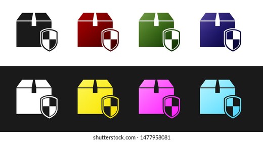 Set Delivery pack security symbol with shield icon isolated on black and white background. Delivery insurance. Insured cardboard boxes beyond the shield.  Vector Illustration