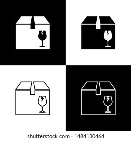 Set Delivery package box with fragile content symbol of broken glass icon isolated on black and white background. Box, package, parcel sign.  Vector Illustration
