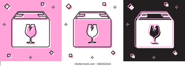 Set Delivery package box with fragile content symbol of broken glass icon isolated on pink and white, black background. Box, package, parcel sign.  Vector Illustration