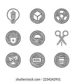 Set Delivery package with umbrella, Battery, Trash can, Scissors cut line, Plant based, Electric plug, Radioactive and  icon. Vector