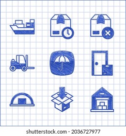 Ajuste el paquete de entrega con paraguas, caja de cartón de cartón, almacén, servicios de entrega a domicilio, camión de elevación de horquilla e icono de cajas de cargo. Vector