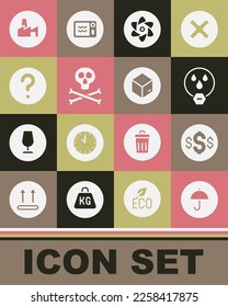 Set Lieferpaket mit Regenschirm, Dollar Symbol, Wassertropfen verboten, Reagenzglas und Kolben, Knochenschädel-Warnung, unbekannte Suche, Fabrikproduktion und Karton-Karton-Karton-Karton-Karton-Symbol. Vektorgrafik