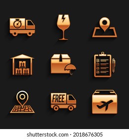 Set Delivery package with umbrella, Free delivery service, Plane and cardboard box, Verification of list, Placeholder map, Warehouse,  and truck stopwatch icon. Vector